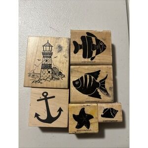 Lot of 6 Wooden‎ Rubber Stamps Ocean Theme Fish, Lighthouse, Shells, Anchor